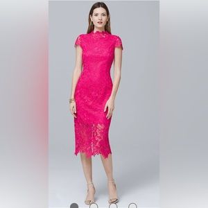 Nicole Miller lace midi cocktail dress with sheer back. Fuchsia, size 6. NWT